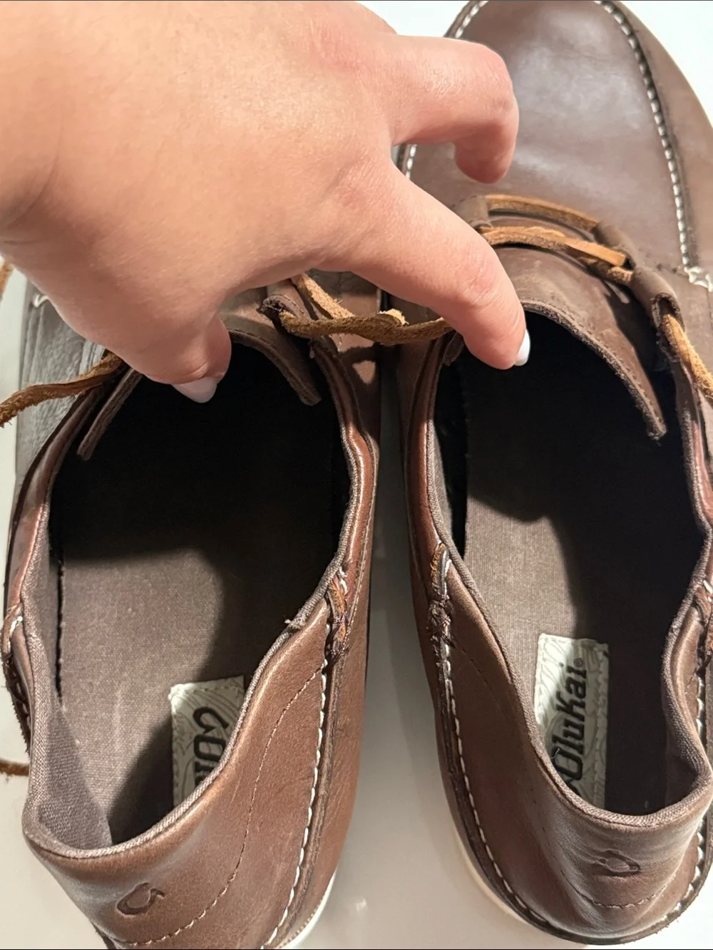 OluKai DEDE Moku Brown Leather MENS Lace-Up Moc Toe Boat Loafers Shoes - Size 13